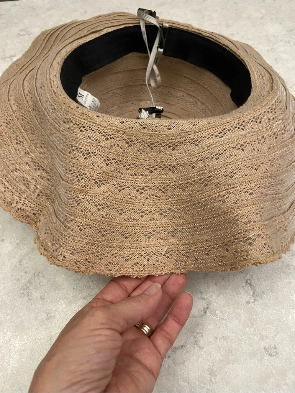 Women’s Wide Brim Adjustable Crochet Sun Hat - Tan with faux leather accent.
